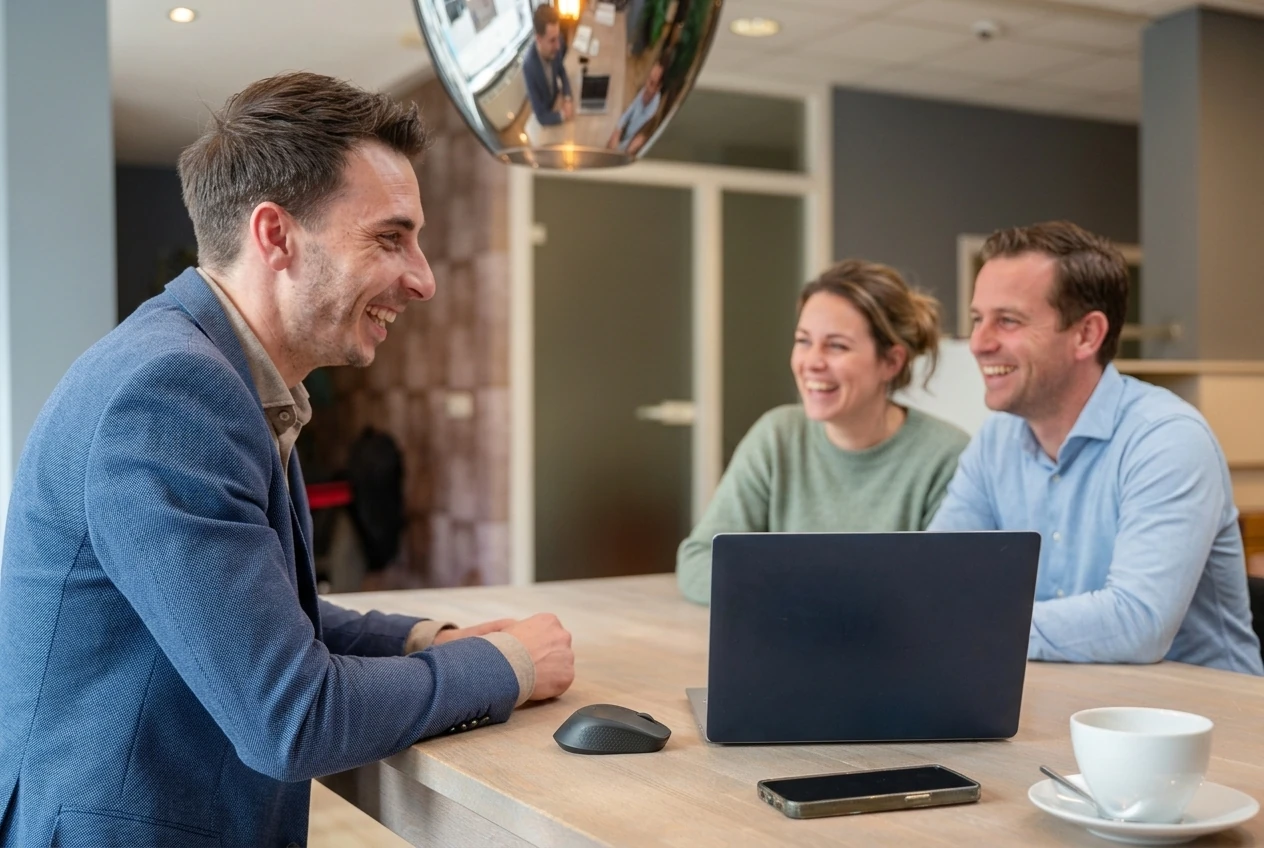 Ralf van Arkel welcomes a couple at his Utrecht office