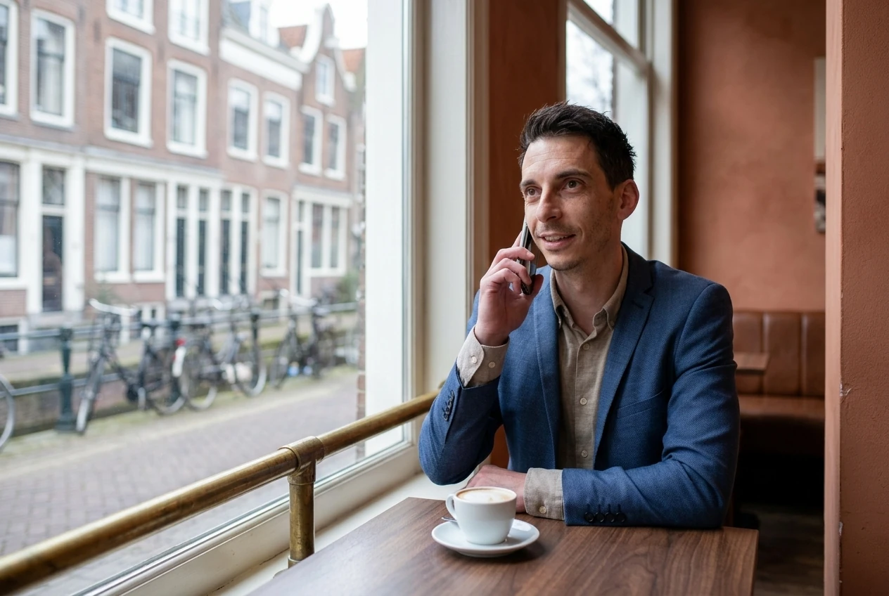 Ralf van Arkel belt met een klant vanuit een Utrechts café