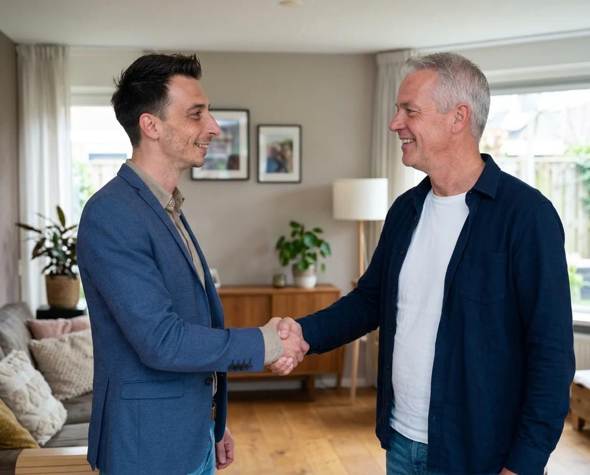 Ralf van Arkel geeft een klant een hand in de woonkamer